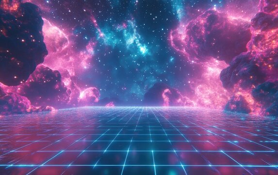 digital, grid, synthwave, 80s, style, infinity, vibrant, purple, blue, glowing, space, galaxy, universe, nebula, cosmos, astronomy, nebulae, futuristic, cosmic, retro, pattern, wallpaper, texture, bri