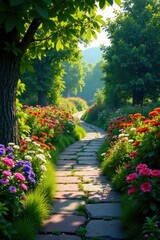 Winding stone path lined with lush greenery and vibrant flowers, nature, stone path