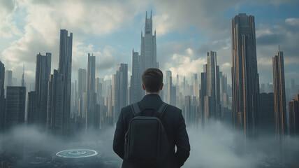 Fototapeta premium Cityscape Vision. Businessman with a backpack looking at a futuristic cityscape through the clouds. Modern urban and business development concept.
