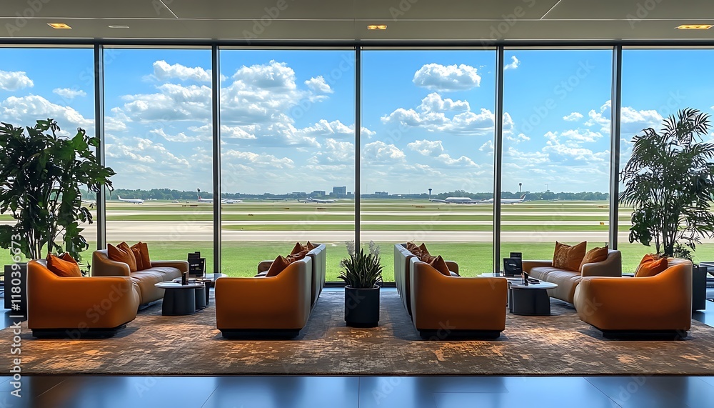 Poster modern lounge area with plush seating and a view of the runway.
