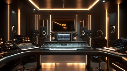 Modern recording studio with advanced equipment and ambient lighting.