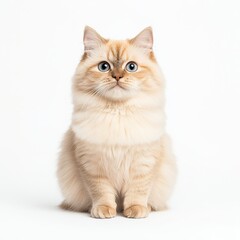Adorable fluffy British Longhair cat with bright blue eyes, sitting gracefully against a plain background, capturing the essence of playful companionship.