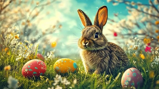 Brown Easter bunny sitting with colorful Easter eggs in a grassy field on a beautiful spring day with negative space for Easter themed advertisement.