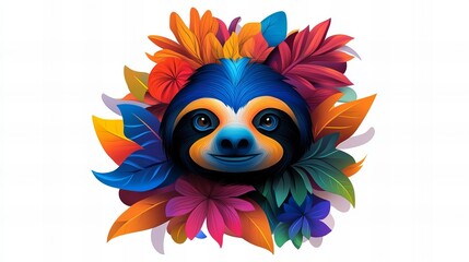 Vibrant sloth portrait surrounded by colorful tropical flowers and leaves. A playful and joyful illustration.
