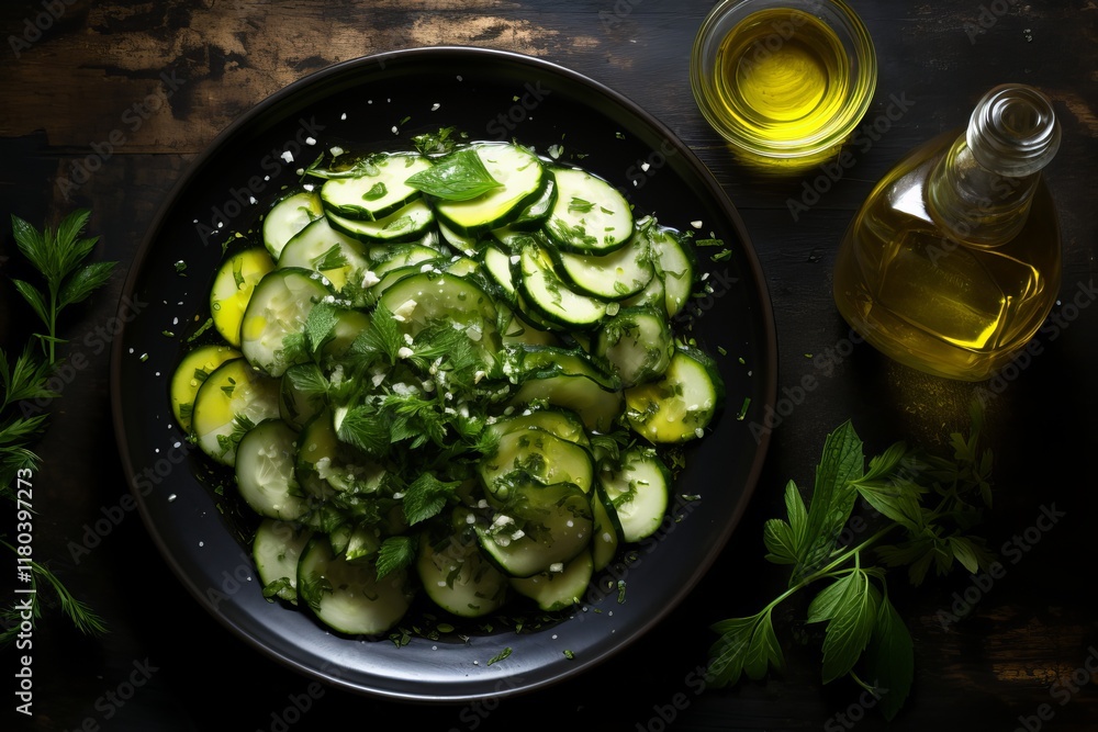 Poster fresh cucumber salad with herbs drizzled with olive oil in a rustic setting. generative ai