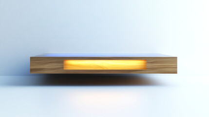 Obraz premium Modern minimalist wooden shelf with integrated warm light.