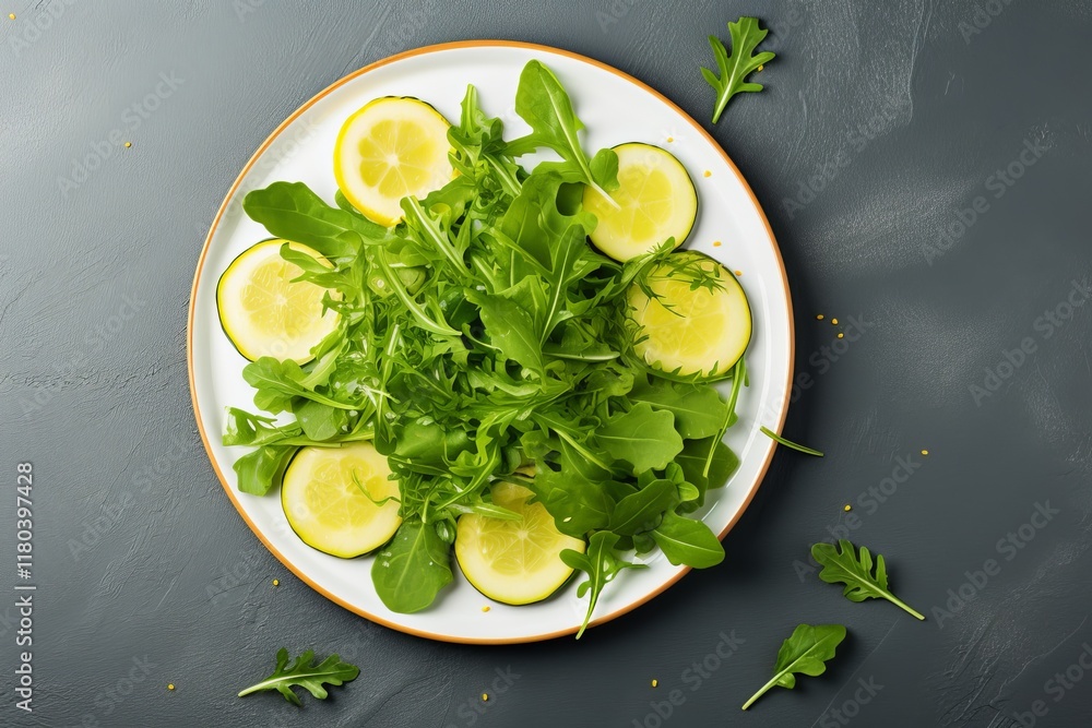 Poster fresh arugula and cucumber salad garnished with lemon slices on a rustic plate. generative ai