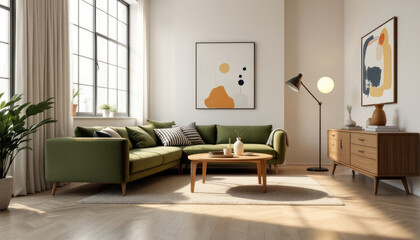 Modern japandi living room with a large green sectional sofa, a wooden coffee table, and a wooden sideboard with a lamp.