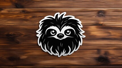 Adorable sloth face illustration on a rustic wooden background. Monochrome design with a playful touch.