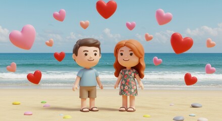 Romantic cartoon couple enjoying a beach date with floating hearts