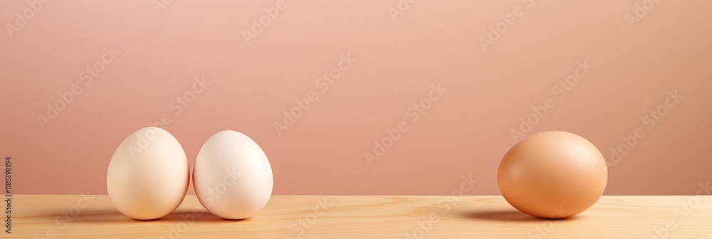 Poster eggs resting on wooden table against a soft peach backdrop in serene arrangement. generative ai