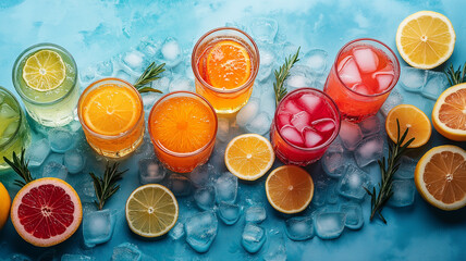 A selection of healthy, homemade fruit juices served with ice and fruit slices. Fitness smoothies with vitamins
