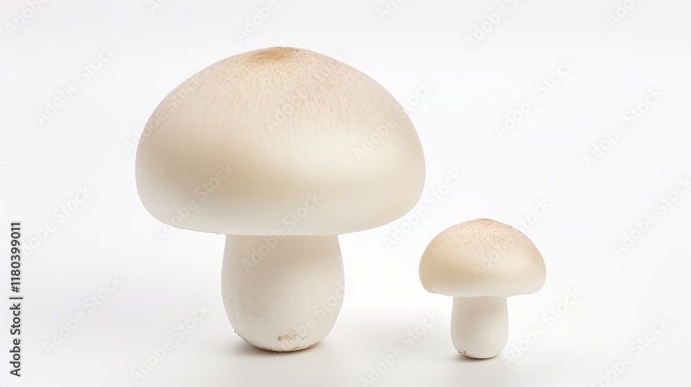 Poster unique contrast of large and small white mushrooms on a simple background. generative ai