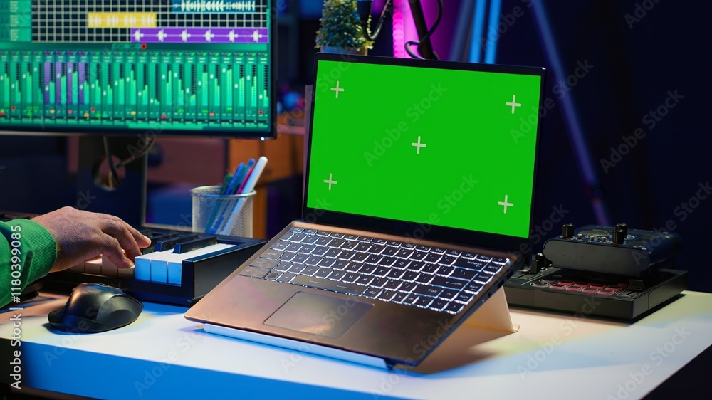Fototapete Music producer mixing and mastering songs on digital post production pc interface, green screen display. Artist adding sound effects and adjusting volume levels to produce new music. Camera A.