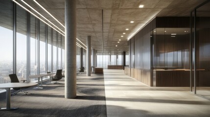 Modern office hallway, city view, sunlight, minimalist design, workspace