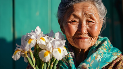 Fototapeta premium A woman is holding a bouquet of white flowers and smiling