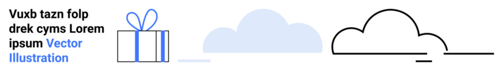 Gift box with a ribbon beside two cloud icons and placeholder text in various fonts. Ideal for web design, tech concepts, cloud services, minimalistic art, data storage, gifts, presentations. Landing