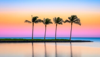 Obraz premium Serene sunset over a calm sea with palm trees reflecting on the water.