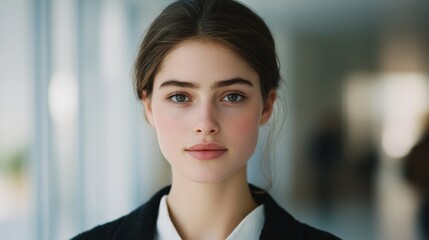 Fototapeta premium A poised young woman stands against a blurred background, her confident gaze capturing the essence of youth and sophistication in a subtle, serene ambiance.