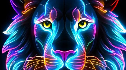 A neon colored lion head with a yellow eye. The lion is depicted in a black background. The colors of the lion are vibrant and eye-catching, making it a striking piece of art