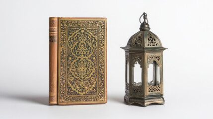 Ornate book and metallic lantern on white.