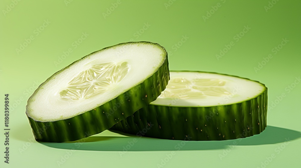 Poster freshly sliced cucumber on vibrant green background showcasing natural patterns. generative ai