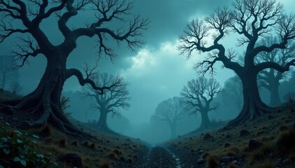 Fototapeta premium Gloomy forest landscape with twisted, gnarled trees and overcast sky, foliage, atmosphere