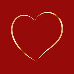 Golden heart on red background. Valentine's Day gold heart frame. Heart shape design element for greeting card.