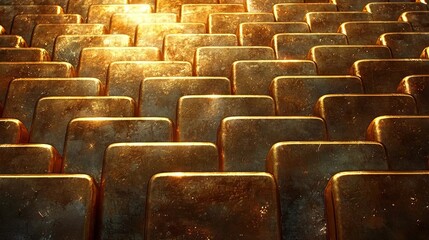 Shiny gold metal bars in rows.