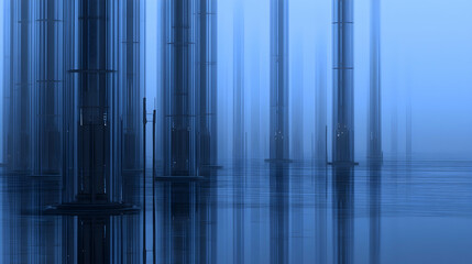 Obraz premium Futuristic city skyline reflected in still water, abstract digital art, conceptual background for technology or science.