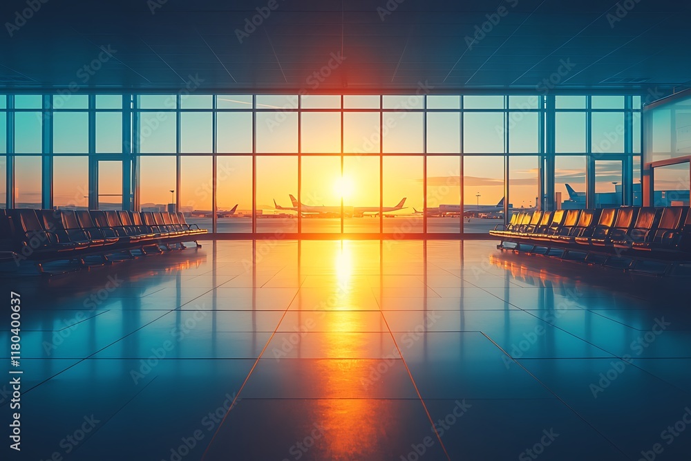 Poster sunset view from an airport terminal with seating and aircraft in the background.