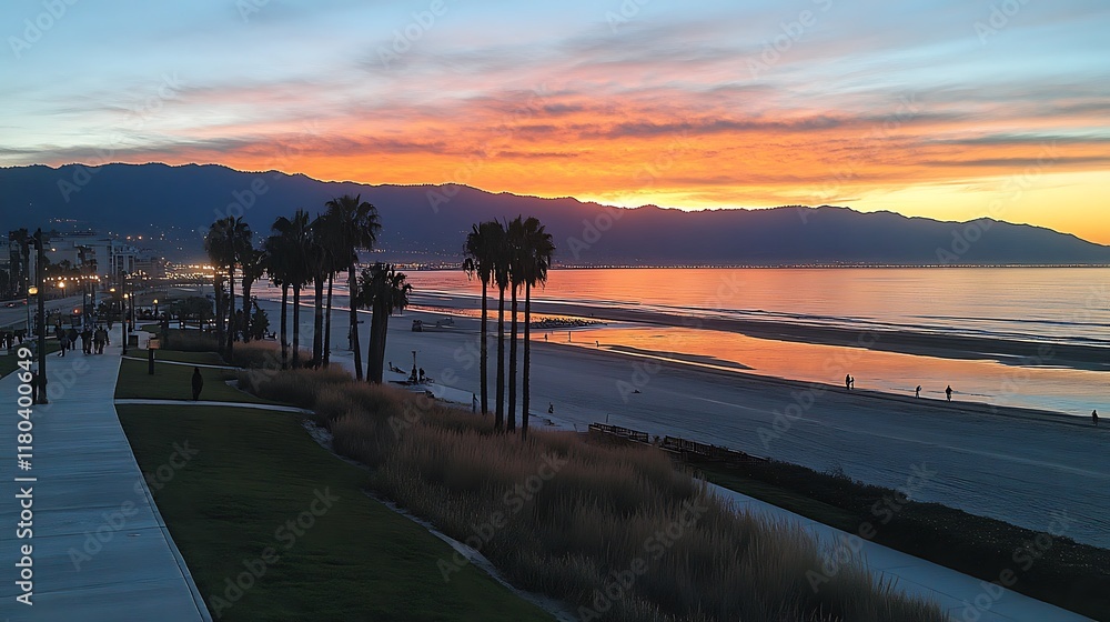 Aufkleber sunset over a beach with palm trees and a walkway, creating a serene atmosphere.