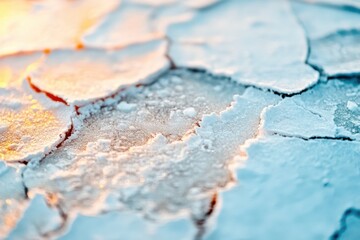 Close up view of melting Arctic ice showcasing water pooling in cracks