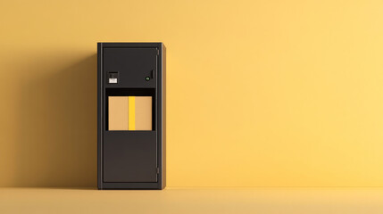 Package in a black automated parcel locker against a yellow wall.
