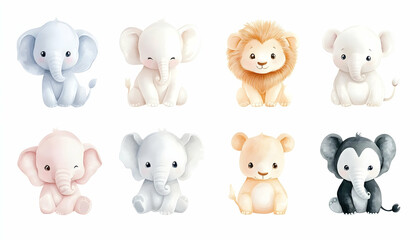 A collection of cute baby animals, each illustrated in a soft, pastel color palette on a white background. Featuring animals like baby elephants, lions, and pandas, this set is perfect for