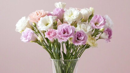 Pastel Lisianthus bouquet in glass vase against pink background.