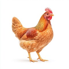 Fototapeta premium A beautiful brown Rhode Island Red chicken showcasing vibrant feathers, standing proudly against a simple background, ideal for farm and nature themes.