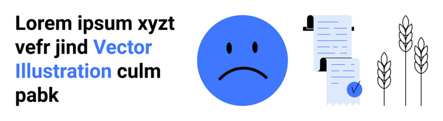 Blue sad face, two checked documents, and three wheat plants. Ideal for agricultural challenges, depression awareness, failure analysis, document checks, agribusiness, food security, educational