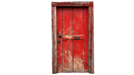 Old red painted door isolated on white background
