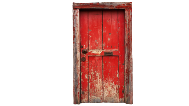 Old red painted door isolated on white background