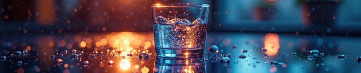 Shimmering droplets on a mirror surface, glass of water at center , surface, mirror