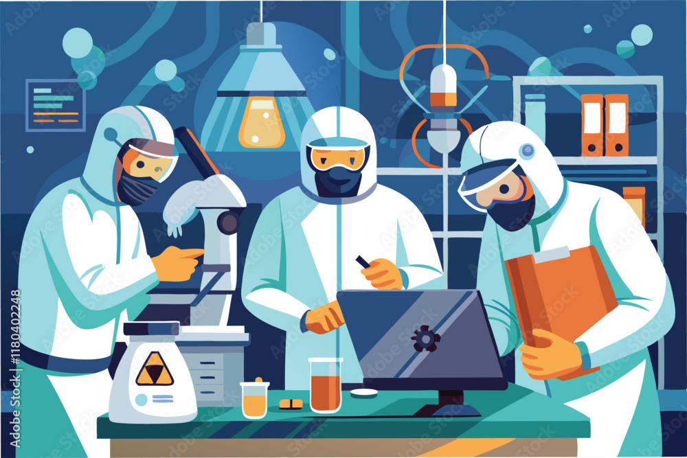 Aufkleber team of scientists in biosafety level 4 lab wearing full hazmat suits analyzing samples of the hanta
