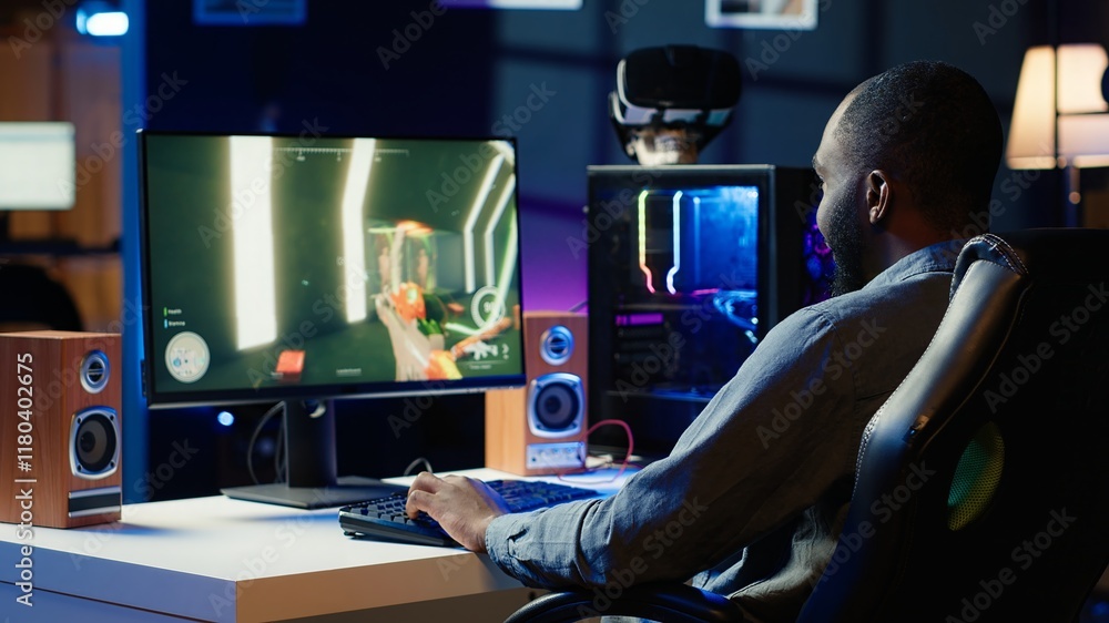 Poster man having fun by playing videogames on gaming pc at computer desk, enjoying day off from work. game