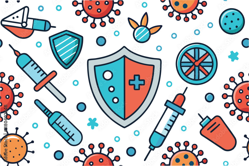 Aufkleber seamless pattern of stylized hmpv virus particles and healthcare symbols like masks syringes and shi