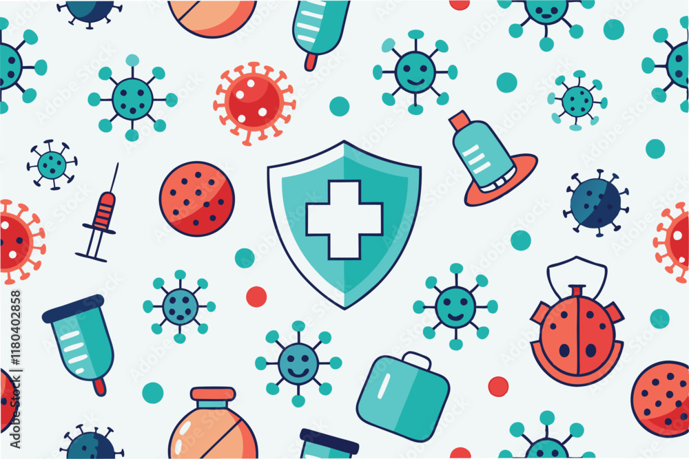 Aufkleber seamless pattern of stylized hmpv virus particles and healthcare symbols like masks syringes and shi