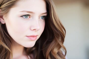 Fototapeta premium a close-up portrait of a young woman with long, wavy hair. She is looking off to the side with a thoughtful expression on her face. The background is blurred
