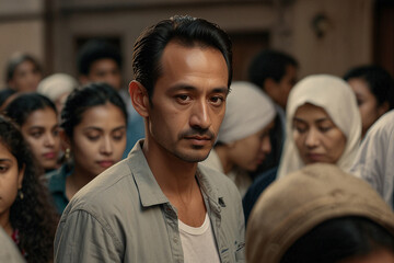 A man with a serious expression stands among a crowd of people.