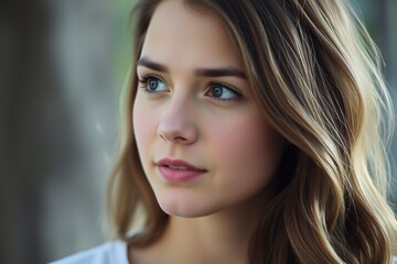 Naklejka premium a close-up portrait of a young woman with long, wavy hair. She is looking off to the side with a thoughtful expression on her face. The background is blurred