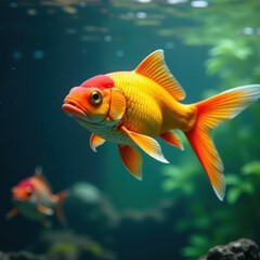Naklejka premium Vibrant gold and orange fish gliding through water, fins, underwater