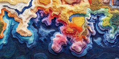 Colorful topographic map art; abstract landscape; design element.